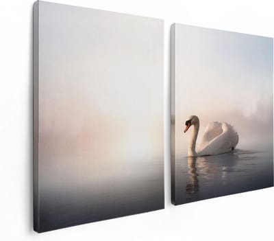 Artaza Canvas Schilderij Tweeluik Zwaan in het Water tijdens de Mist - 120x80 - Foto Op Canvas - Canvas Print