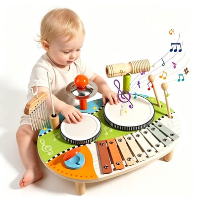 6-in-1 Houten Kindertrommelset Met Xylofoon En Windspel - Muziektafel Voor Baby's - Montessori Slagwerkinstrumenten Vanaf 1 Jaar - Cadeau