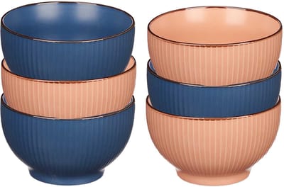 Kommetjes/serveer schaaltjes - 6x stuks - Mistique - porselein - D14 x H8 cm - zalm roze - blauw - Stapelbaar