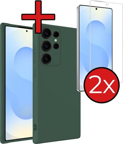 Hoesje - Met 2x Screenprotector - Geschikt voor Samsung Galaxy S25 Ultra - Sterk & Shockproof - Telefoon Hoes - Back Cover - Siliconen Case - Telefoonhoes - Donkergroen