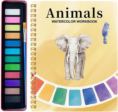 Aquarel werkboek - Aquarel werkboek voor beginners - Beginnersvriendelijke schilderset - Kunstnijverheid - Voor creatieve verkenning - Aquarelverfset - Met 12 verven - Kunst- en knutselschilderset - Cadeau voor vrouwen -olifant