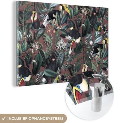 MuchoWow® Glasschilderij 60x40 cm - Schilderij acrylglas - Bloemen- Vogel- Bladeren - Foto op glas - Schilderijen