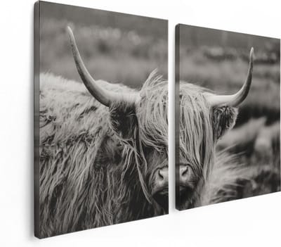 Artaza Canvas Schilderij Tweeluik Schotse Hooglander Koe - Zwart Wit - 120x80 - Foto Op Canvas - Canvas Print