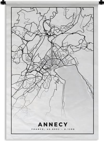 Wandkleed - Wanddoek - Stadskaart - Annecy - Plattegrond - Kaart - Frankrijk - Zwart wit - 120x180 cm - Wandtapijt