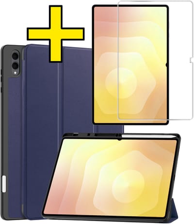 Hoes - Geschikt voor Samsung Galaxy Tab S11 Ultra - Met Screenprotector - Trifold Bookcase - Hard Cover Case - Met Uitsparing Geschikt voor S Pen - Hardcover Book - Tablet Hoesje - Donkerblauw