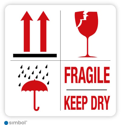 Simbol® - Stickers op Rol Fragile Keep Dry - Formaat 4 x 4 cm. (580 stuks per rol)
