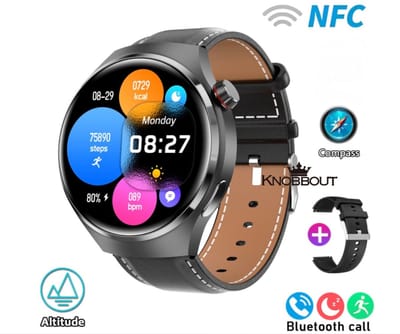 Knobbout 1.6" Scherm Stijlvolle HD Kleurenweergave Scherm smartwatch - Ingebouwd Kompas - Hoogtemeter en Barometer - Krachtige NFC-functie - Bluetooth Handsfree Bellen - Dynamische Interactieve Weergave - Zwarte leren en siliconen horlogeband