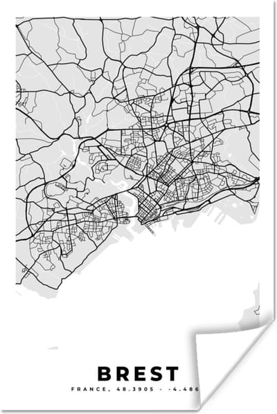 Poster Kaart - Stadskaart - Frankrijk - Brest - Plattegrond - 120x180 cm XXL