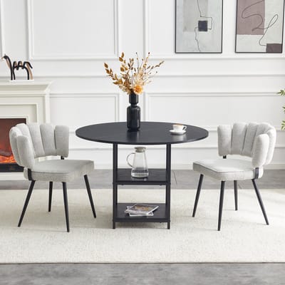 Eetkamerset - Ø107 cm - ronde tafel 2-laags opbergruimte + 2 lichtgrijze bloemrug stoelen - industrieel - MDF+stof - lichtgrijs