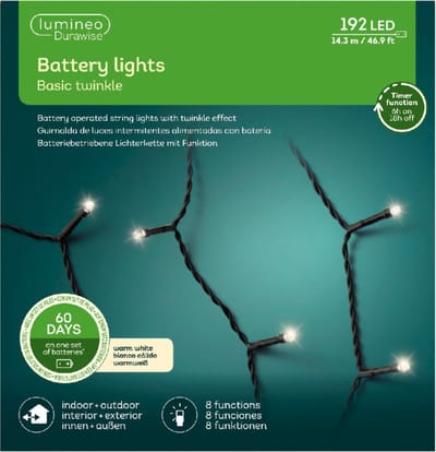 Kerstverlichting - twinkle - op batterij - warm wit - buiten - 192 lampjes - boomverlichting