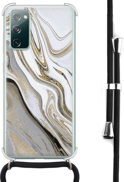 Hoesje met koord - Geschikt voor Samsung Galaxy S20 FE - Marmer wit goud - Verstelbaar zwart koord - Crossbody - Marmer - Transparant, Goud, Wit - Leuke Telefoonhoesjes