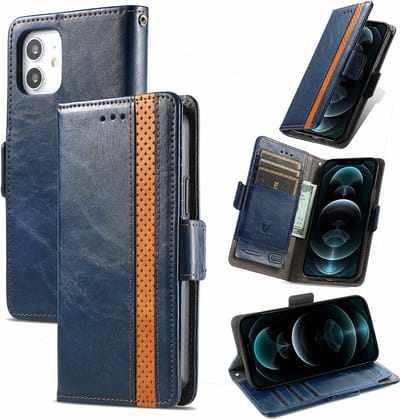 Stijlvol Tweekleurig PU-leer Wallet Flip Case + PMMA Screenprotector voor iPhone 12 Mini _ Blauw