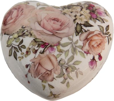 Clayre & Eef Decoratie Hart 11x11x4 cm Wit Roze Keramiek Bloemen