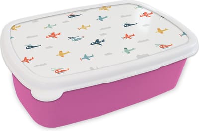 Broodtrommel Roze - Lunchbox - Brooddoos - Patronen - Helicopter - Vliegtuig - Jongens - Kinderen - Kids - 18x12x6 cm - Kinderen - Meisje