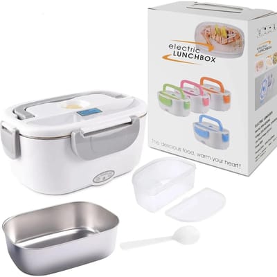 2-in-1 Elektrische Verwarmde Lunchbox Auto + Thuis 12V 220/110V Draagbare RVS Binnenbak Bento Lunchbox Voedselcontainer Bento Box us white