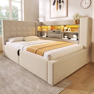 DESMIU Gestoffeerd Bed 90x200 cm – Ledverlichting & Oplaadpoorten – Hydraulische Opbergruimte – L-Vormig Hoofdbord – Linnen – Beige – Zonder matras