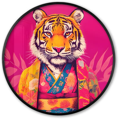 Poster in lijst Rond - Fotolijst 60x60 cm - Posters - Tijger - Kimono - Planten - Roze - Ronde posterlijst zwart - Decoratie - Wanddecoratie woonkamer - Muurdecoratie slaapkamer