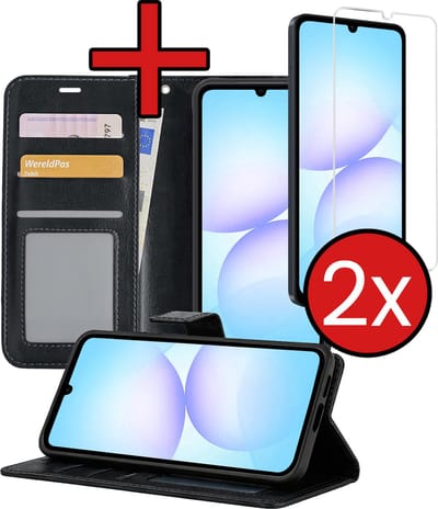 Hoesje - Met 2x Screenprotector - Geschikt voor Samsung Galaxy A07 - Luxe Pasjeshouder - Flip Case - Bookcase Portemonee - Kunstleer Book Case - Flipcase Hoes - Book Cover - Walletcase - Portemonneehoes - Telefoonhoes - Zwart