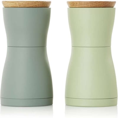 AdHoc Twin Peper- & Zoutmolen Set – 2-delig – Donkergroen & Lichtgroen – 13,3 cm – CeraCut Keramisch Maalwerk – Kunststof & Eikenhout