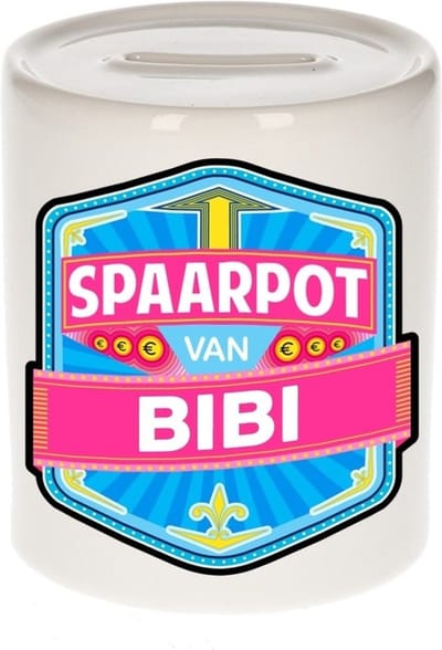 Bellatio Decorations Kinder spaarpot met naam - Bibi - keramiek - met dop - wit - Sparen - Spaargeld van Bibi