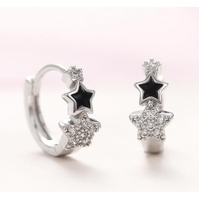 Huitan Fijne Sterren Kleine Hoepeloorbellen voor Vrouwen Zwart Kristal Zirkonia Exquise Meisjes Cirkel Oorbellen Statement Sieraden white