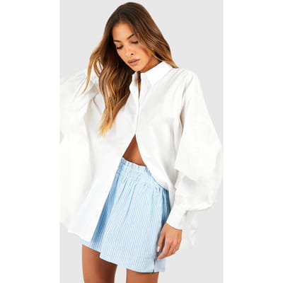 boohoo Dames Oversized overhemd met volumineuze mouwen van katoenen poplin | White | Maat: 12