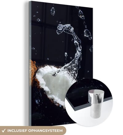 MuchoWow® Glasschilderij 120x180 cm - Schilderij acrylglas - Kokosnoot - Stilleven - Water - Zwart - Fruit - Foto op glas - Schilderijen