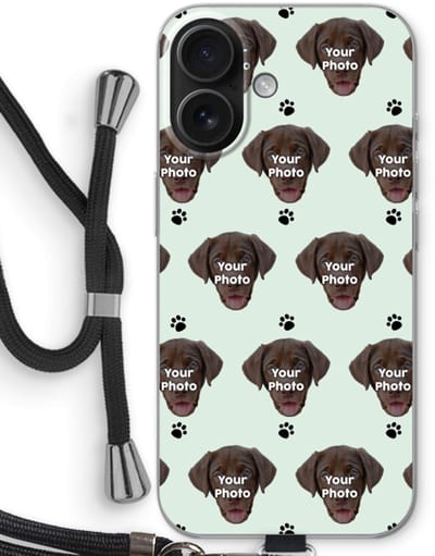Gepersonaliseerd - Case Company® - Hoesje met koord geschikt voor iPhone 16 hoesje met Koord - Gepersonaliseerd gezicht - Kat of Hond - Telefoonhoesje met Zwart Koord - Bescherming aan alle Kanten en Over de Schermrand