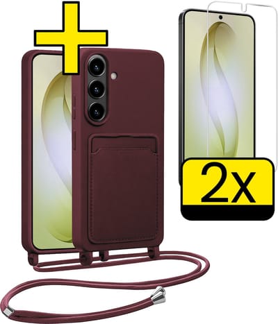 Hoesje Geschikt voor Samsung S26 Hoesje Met Koord Met 2x Screenprotector Siliconen Case - Hoes Geschikt voor Samsung Galaxy S26 Backcover Met Afneembaar Koord - Aubergine