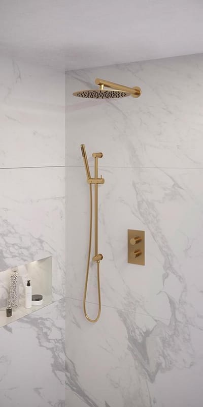 Brauer Gold Edition thermostatische inbouw regendouche 3-weg omstelling SET 38 met 30 cm douchekop en rechte muurarm en staaf handdouche en doucheslang en geïntegreerde glijstang goud geborsteld PVD