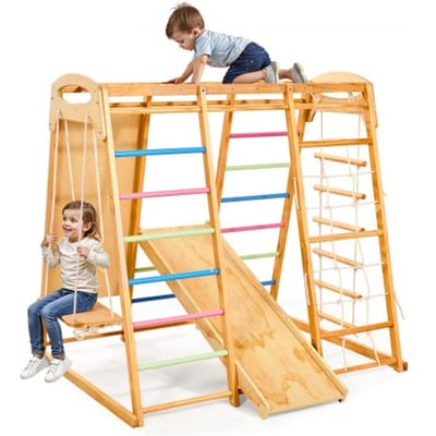 VEVOR Indoor Speeltuin Klimrek (7-in-1) gemaakt van hout, draagvermogen 113 kg. Montessori klimspeelset met schommel/klimrek/glijbaan/houten ladder/touwladder/klimnet/rots.