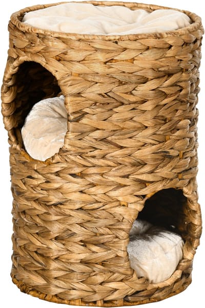Krabtonne - 47 cm - Kattenkrabtoren met 2 Verdiepingen en Kussen - Waterhyacint & Staal - Lichtbruin