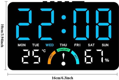 Deze multifunctionele led-klok heeft een groot scherm en kan aan de muur worden bevestigd of op een tafel worden geplaatst. Hij geeft de tijd, de dag van de week, de temperatuur en de luchtvochtigheid in blauw weer.