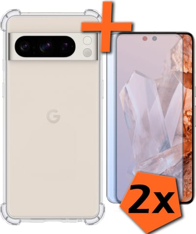Hoes - Met Screenprotector - 2 Stuks - Geschikt voor Google Pixel 8 Pro - Sterk & Shockproof - Siliconen Case - Back Cover - Telefoon Hoes - Shock Proof - Transparant