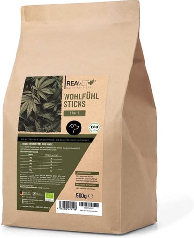 ReaVET - Hennep "Feel Good" sticks voor Honden - Met natuurlijke cannabinoïden - Geen granen & gluten, kunstmatige smaakstoffen, kleurstoffen en vulstoffen - 500g