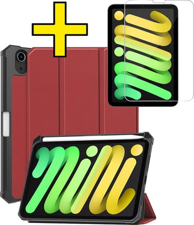 Hoes - Geschikt voor Apple iPad Mini 7 (2024) - 8.3 inch - 7e Generatie - Met Screenprotector - Trifold Bookcase - Hard Cover Case - Met Uitsparing Geschikt voor Apple Pencil - Hardcover Book - Tablet Hoesje - Donkerrood