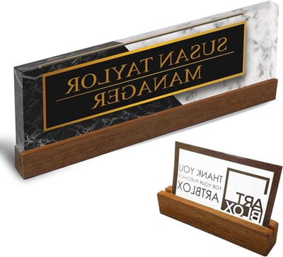 Gepersonaliseerd naambordje - Naamplaat bureau - Bureau decoreren - Zwart-wit marmer ontwerp - 20.32 cm - Marmer