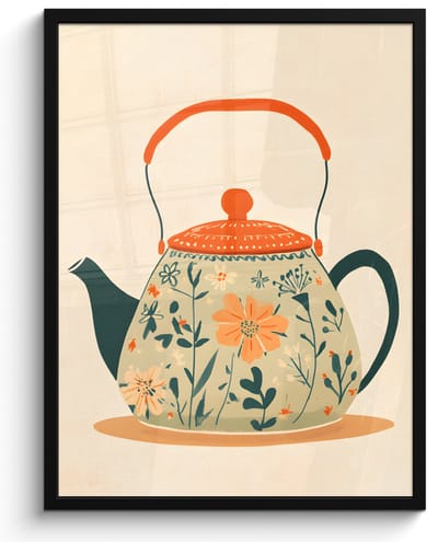 Poster in lijst - Fotolijst 50x70 cm - Posters - Oranje - Theepot - Bloemen - Bladeren - Posterlijst zwart - Decoratie - Wanddecoratie woonkamer - Muurdecoratie slaapkamer