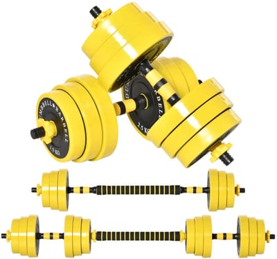 2-in-1 Halterset - Verstelbaar Halter & Halterstang - Dumbbell 25 KG - 4 x 2,5 kg, 4 x 2 kg, 4 x 1,5 kg Schijven - 2 Korte Stokken, 1 Lange Stok - Thuisgym Oplossing - Krachttraining - Geel/Zwart