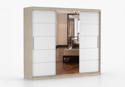 Schuifdeurkast ELBA I met Spiegel – 3-deurs kledingkast, legplanken en kledingroede – modern design – 250x218x61 cm - ELBA I (Sonoma + Wit)