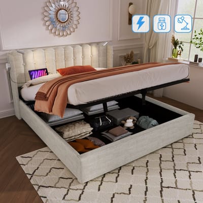 REDOM tweepersoonsbed 160x200 cm – Linnen naturel – Leeslamp, USB, hydraulische opbergruimte – 300 kg