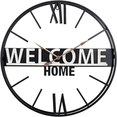 Ostaria Wandklok/muur klok - D50 cm - welcome home - metaal - zwart - keuken/kamer