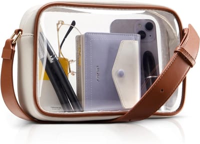 Transparante Crossbody Tas voor Vrouwen - Schoudertas voor Telefoon met Brede Band voor Evenementen en Stadion, Wit en Bruin