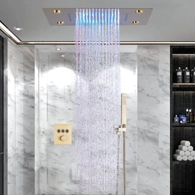 Geborsteld Goud Thermostatisch Douchesysteem met LED, Doucheset Inbouw Regenhoofddouche Badkamer douche
