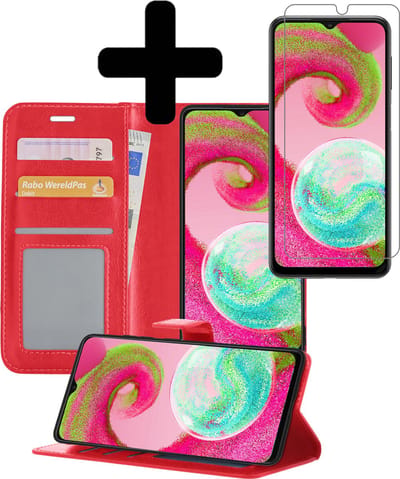 Hoesje - Met Screenprotector - Geschikt voor Samsung Galaxy A04s - Luxe Pasjeshouder - Bookcase Portemonee - Flip Case - Kunstleer Book Case - Flipcase - Book Cover - Walletcase - Portemonneehoes - Telefoonhoesjes - Rood