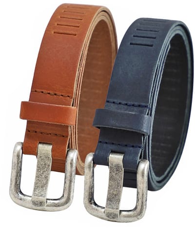 Landley Duopack met Leren Geperforeerde Riemen Smal - Voordeelset met 2 riemen - Breedte 3 cm - Dames en Heren - Cognac en Blauw - Lengte totaal 120 cm / Riemmaat 105