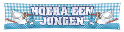 Grote vlag Straatbanier - Hoera een jongen - Geboorte versiering - 40 x 180 cm - buiten - blauw - feestartikelen