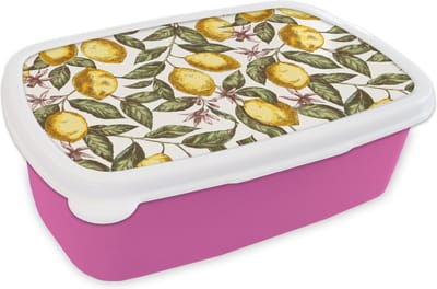Broodtrommel Roze - Lunchbox - Brooddoos - Patroon - Bloemen - Citroenen - Citrus - 18x12x6 cm - Kinderen - Meisje