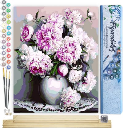 Figured'Art Schilderen op Nummer Volwassenen canvas Vaas met pioenrozen - Handwerk acrylverf Kit DIY Compleet - 40x50cm met DIY houten lijst