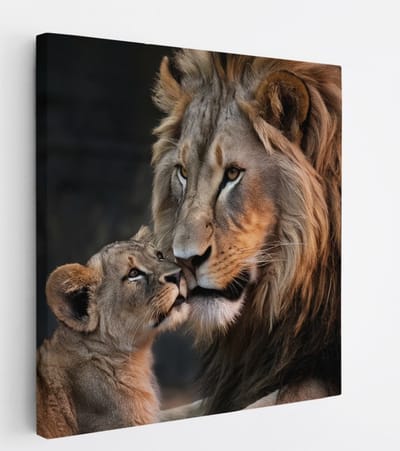 Saammp Canvas Schilderij - Leeuw met welp - Dieren - Natuur - 20x20 - Foto op canvas - Wanddecoratie - Muurdecoratie Woonkamer - Slaapkamer decoratie - Canvas Print